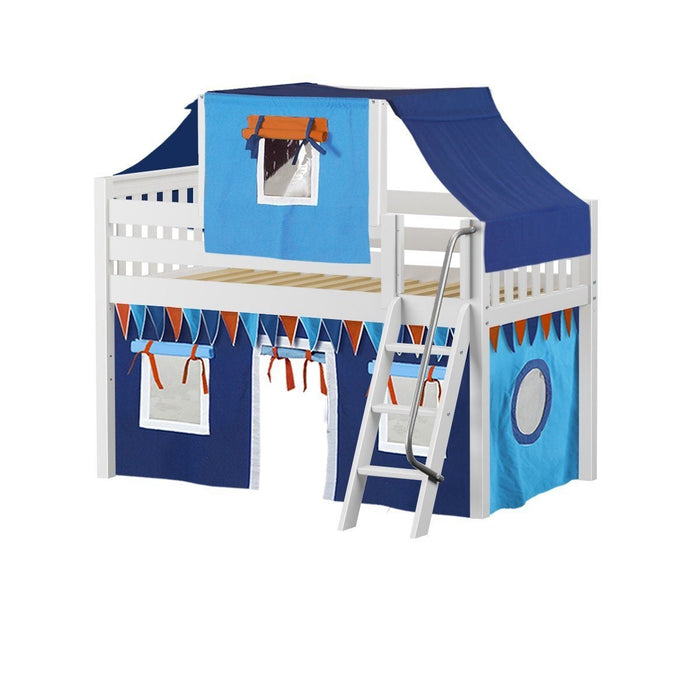 Maxtrix Twin Low Loft Bed with Angled Ladder, Curtain + Top Tent