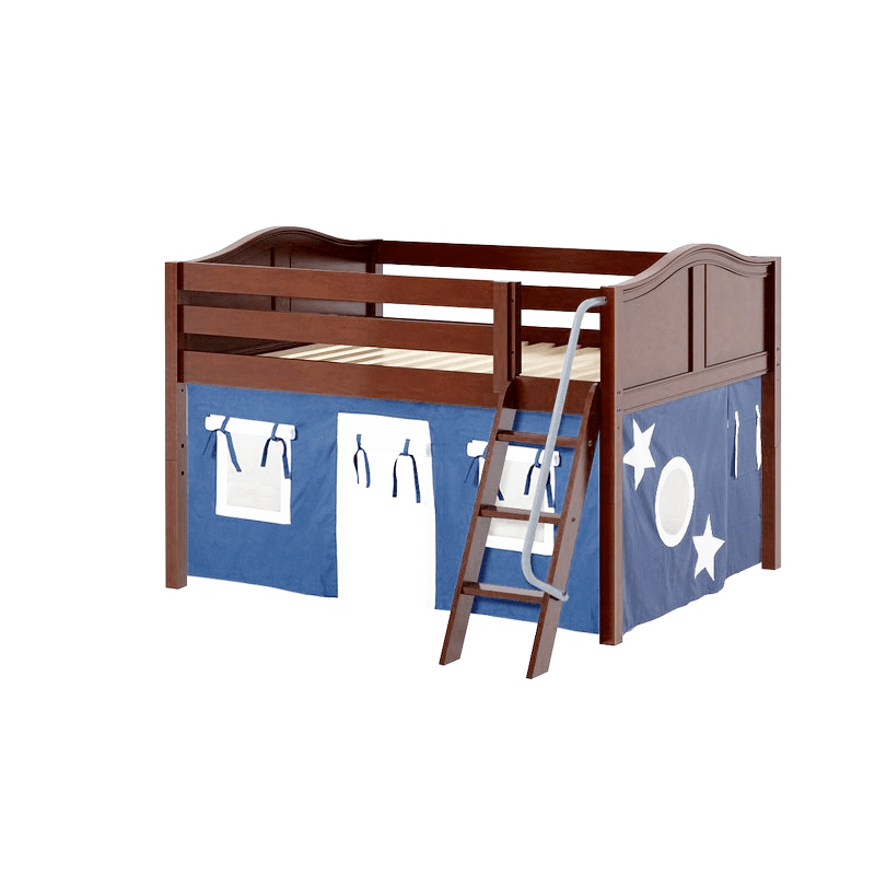 Maxtrix Full Low Loft Bed with Angled Ladder + Curtain