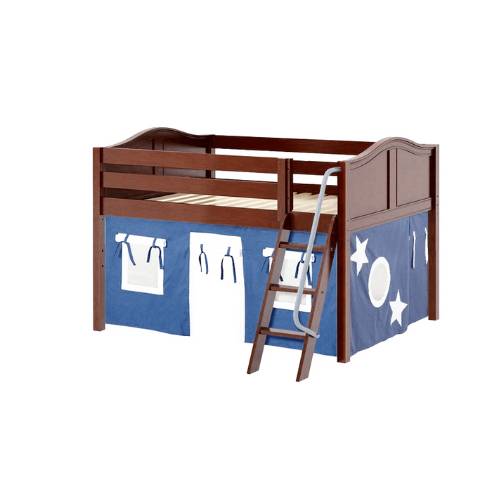 Maxtrix Full Low Loft Bed with Angled Ladder + Curtain