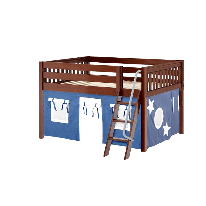 Maxtrix Full Low Loft Bed with Angled Ladder + Curtain