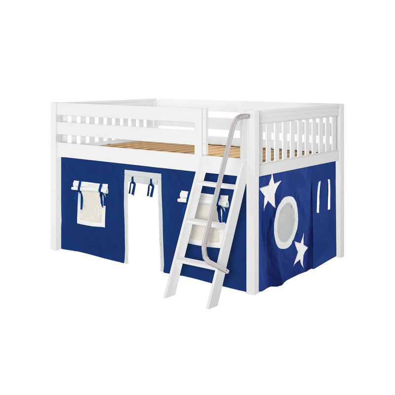 Maxtrix Full Low Loft Bed with Angled Ladder + Curtain