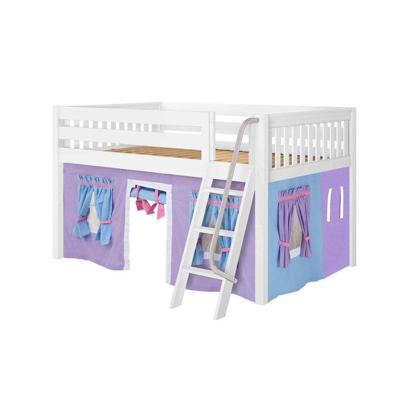 Maxtrix Full Low Loft Bed with Angled Ladder + Curtain