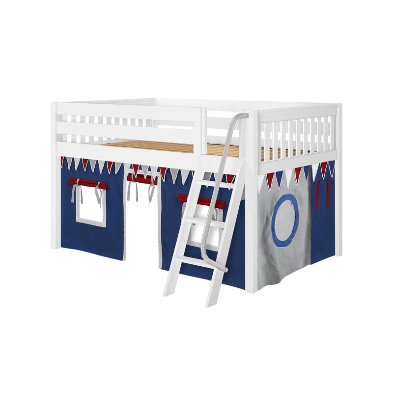 Maxtrix Full Low Loft Bed with Angled Ladder + Curtain
