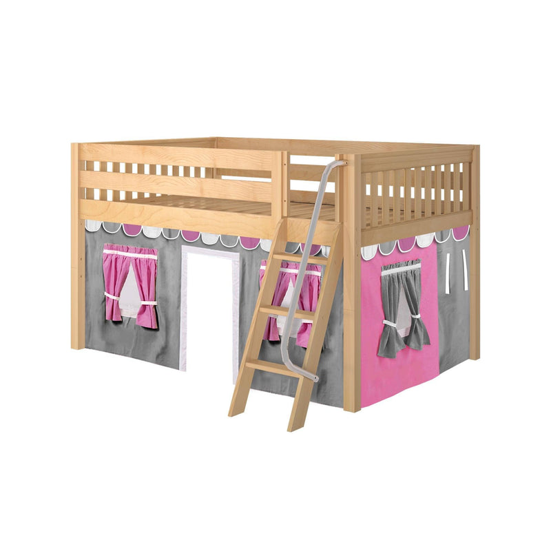 Maxtrix Full Low Loft Bed with Angled Ladder + Curtain