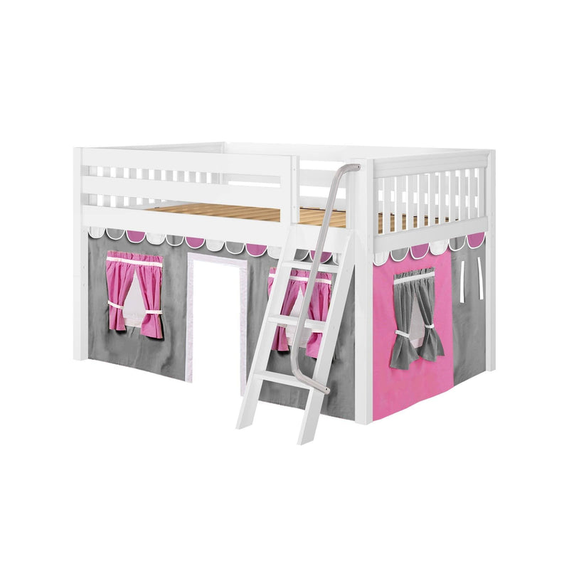 Maxtrix Full Low Loft Bed with Angled Ladder + Curtain