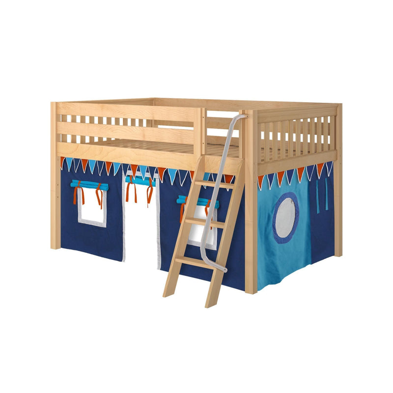 Maxtrix Full Low Loft Bed with Angled Ladder + Curtain