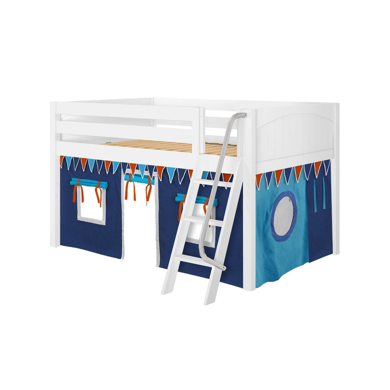 Maxtrix Full Low Loft Bed with Angled Ladder + Curtain