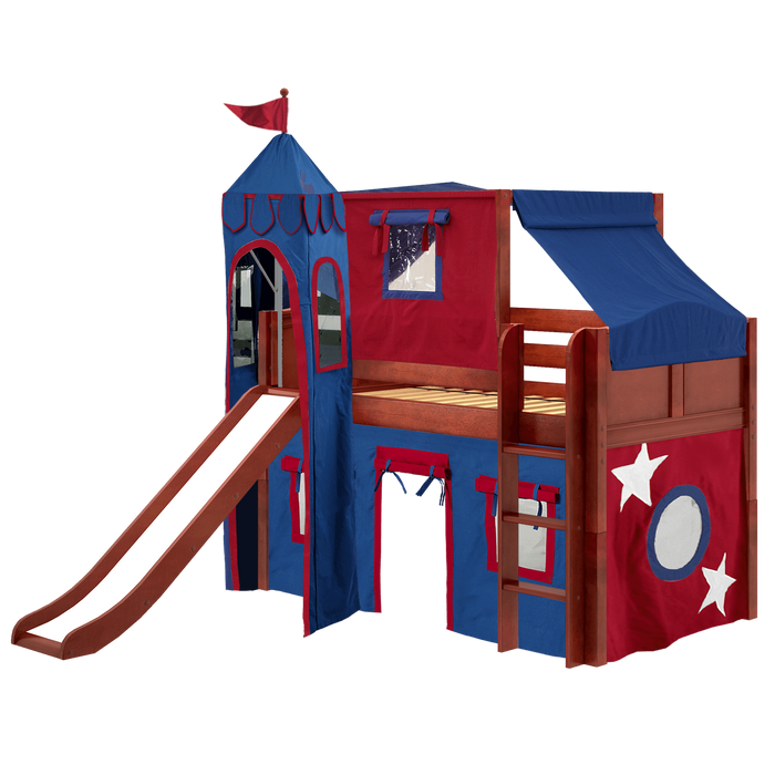 Maxtrix Twin Low Loft Bed with Straight Ladder, Curtain, Top Tent, Tower + Slide