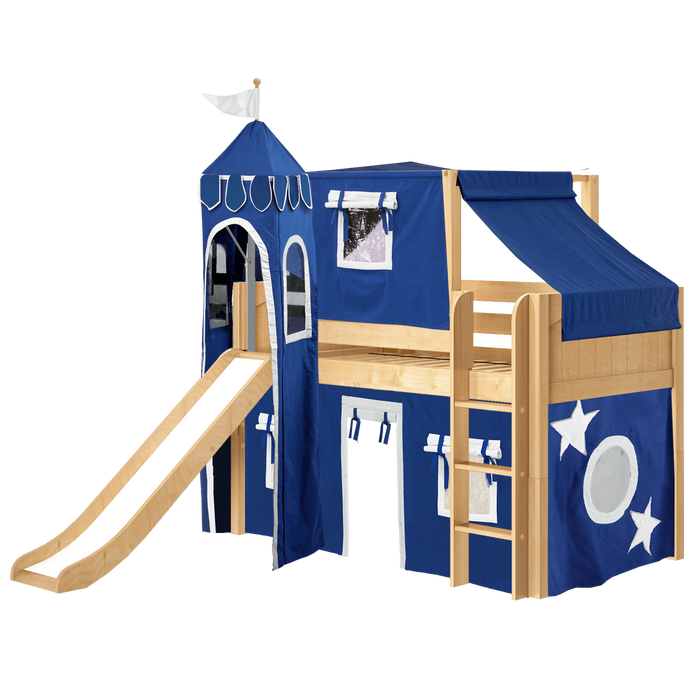 Maxtrix Twin Low Loft Bed with Straight Ladder, Curtain, Top Tent, Tower + Slide
