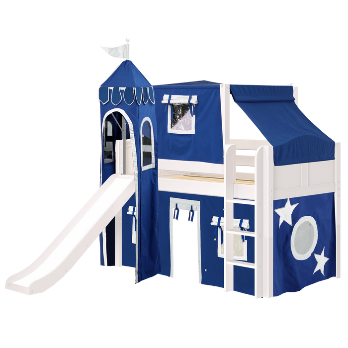 Maxtrix Twin Low Loft Bed with Straight Ladder, Curtain, Top Tent, Tower + Slide