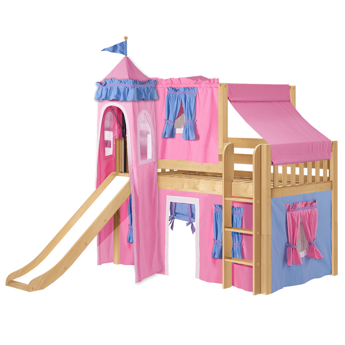Maxtrix Twin Low Loft Bed with Straight Ladder, Curtain, Top Tent, Tower + Slide