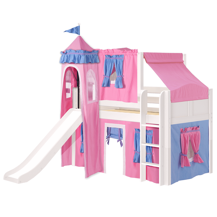 Maxtrix Twin Low Loft Bed with Straight Ladder, Curtain, Top Tent, Tower + Slide