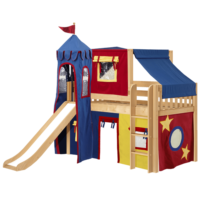 Maxtrix Twin Low Loft Bed with Straight Ladder, Curtain, Top Tent, Tower + Slide