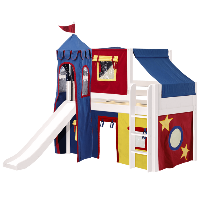 Maxtrix Twin Low Loft Bed with Straight Ladder, Curtain, Top Tent, Tower + Slide