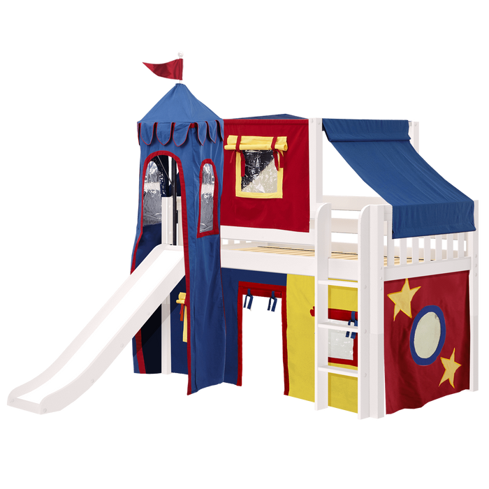 Maxtrix Twin Low Loft Bed with Straight Ladder, Curtain, Top Tent, Tower + Slide