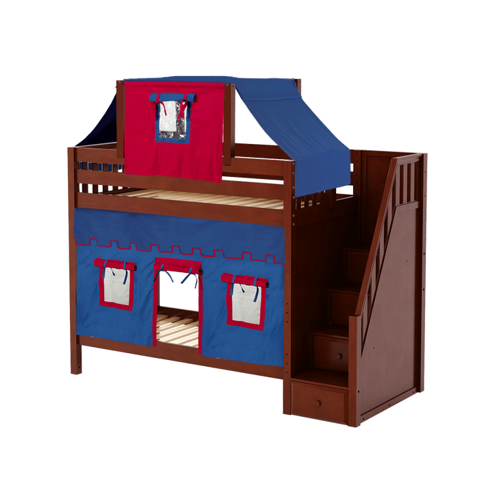 Maxtrix Twin High Bunk Bed with Stairs, Curtain + Top Tent