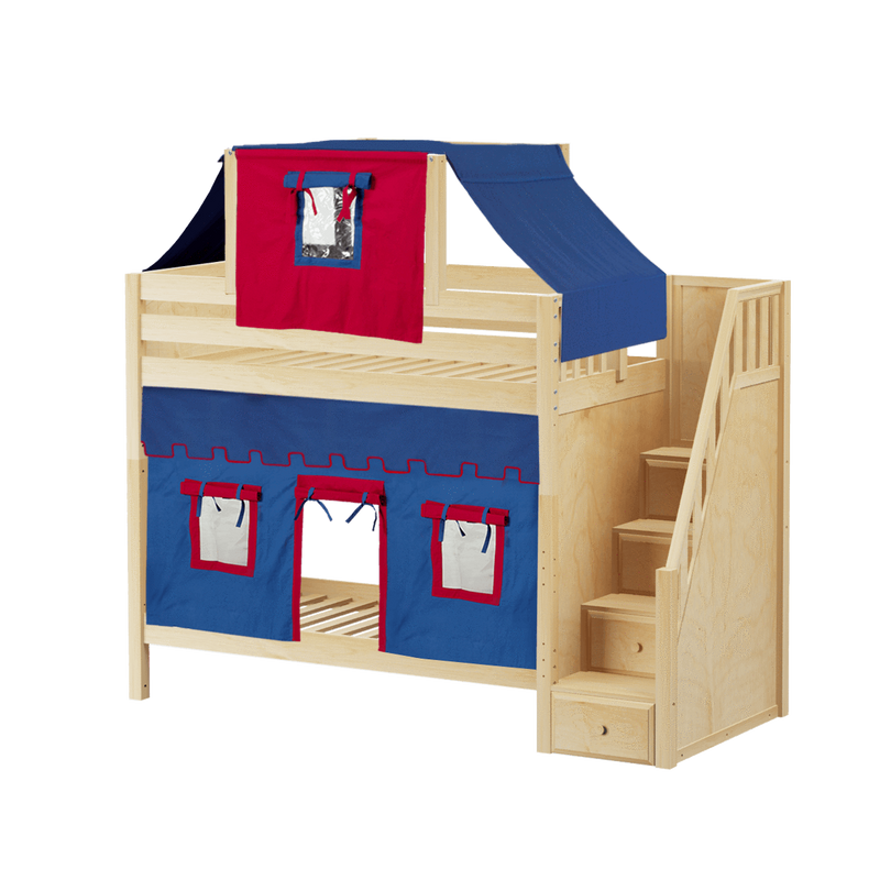 Maxtrix Twin High Bunk Bed with Stairs, Curtain + Top Tent