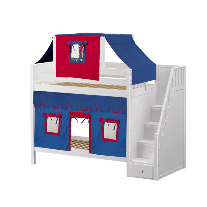 Maxtrix Twin High Bunk Bed with Stairs, Curtain + Top Tent