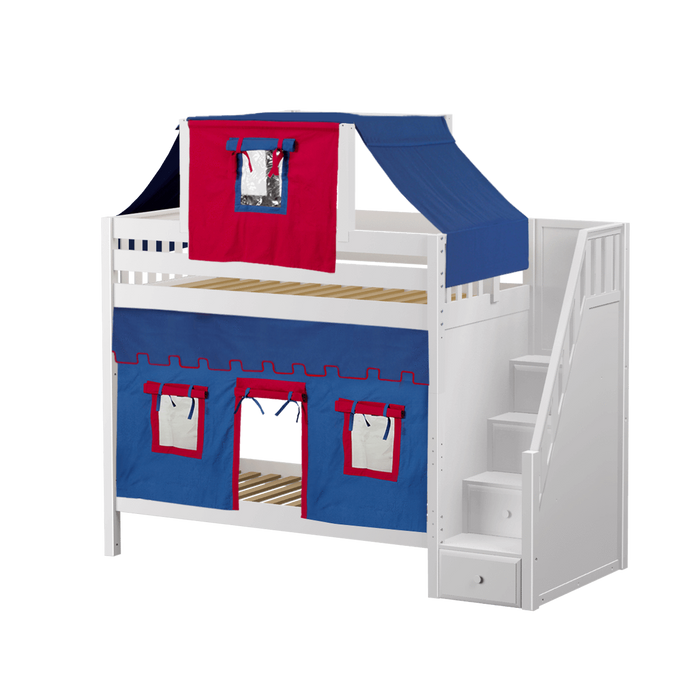 Maxtrix Twin High Bunk Bed with Stairs, Curtain + Top Tent