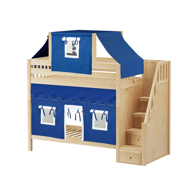 Maxtrix Twin High Bunk Bed with Stairs, Curtain + Top Tent