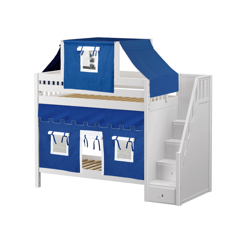 Maxtrix Twin High Bunk Bed with Stairs, Curtain + Top Tent