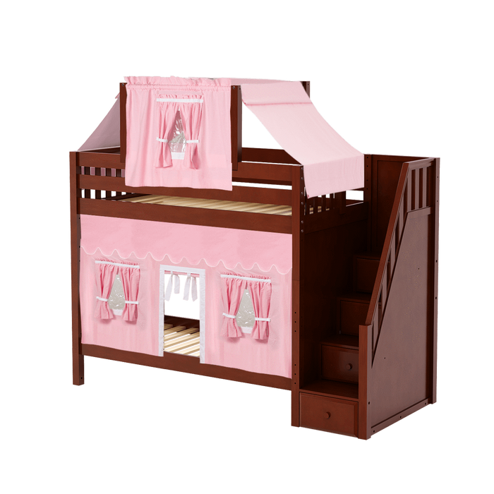 Maxtrix Twin High Bunk Bed with Stairs, Curtain + Top Tent