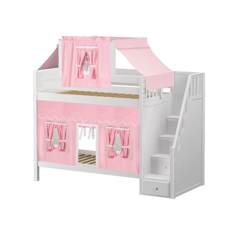 Maxtrix Twin High Bunk Bed with Stairs, Curtain + Top Tent