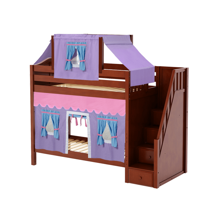 Maxtrix Twin High Bunk Bed with Stairs, Curtain + Top Tent