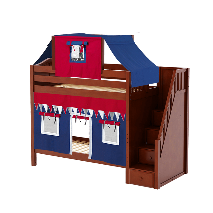Maxtrix Twin High Bunk Bed with Stairs, Curtain + Top Tent