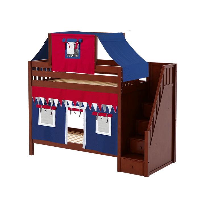 Maxtrix Twin High Bunk Bed with Stairs, Curtain + Top Tent