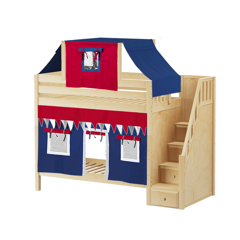 Maxtrix Twin High Bunk Bed with Stairs, Curtain + Top Tent