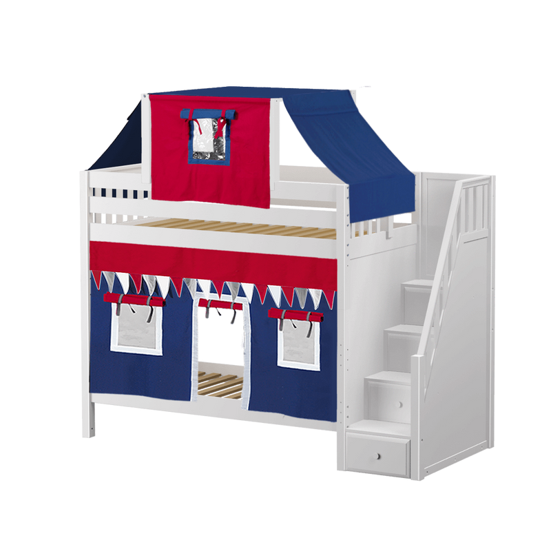 Maxtrix Twin High Bunk Bed with Stairs, Curtain + Top Tent