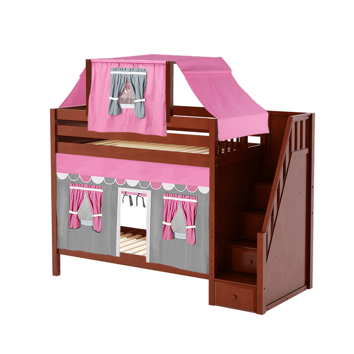 Maxtrix Twin High Bunk Bed with Stairs, Curtain + Top Tent