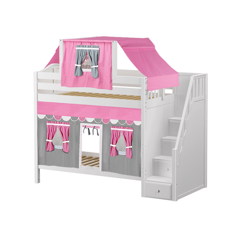 Maxtrix Twin High Bunk Bed with Stairs, Curtain + Top Tent