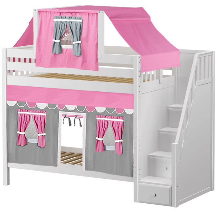 Maxtrix Twin High Bunk Bed with Stairs, Curtain + Top Tent