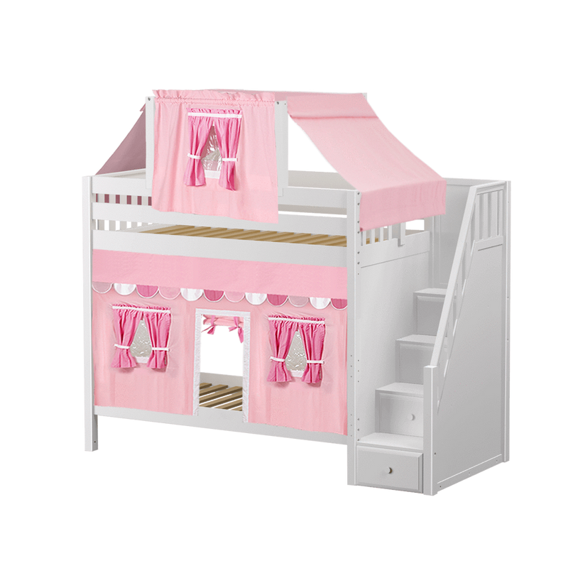 Maxtrix Twin High Bunk Bed with Stairs, Curtain + Top Tent