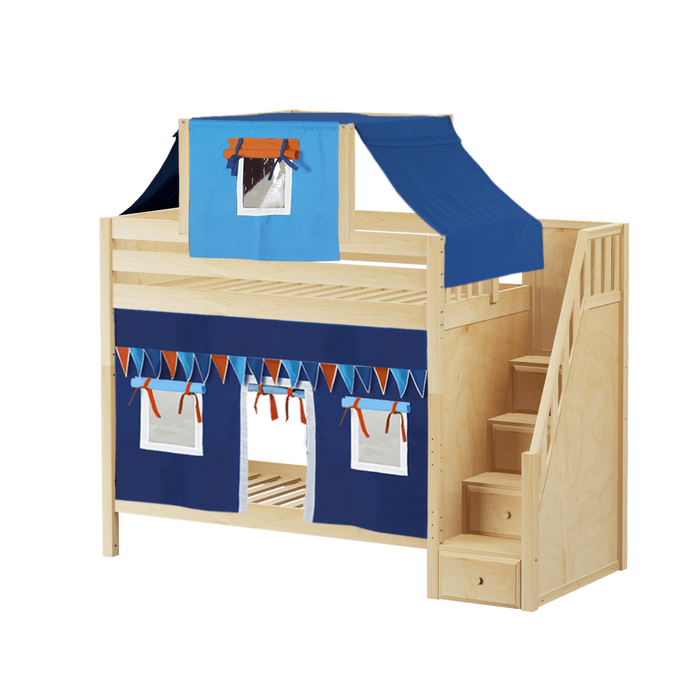 Maxtrix Twin High Bunk Bed with Stairs, Curtain + Top Tent