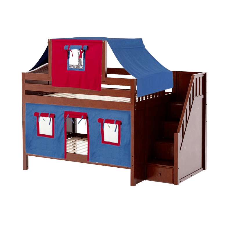 Maxtrix Full Low Bunk Bed with Stairs, Curtain + Top Tent