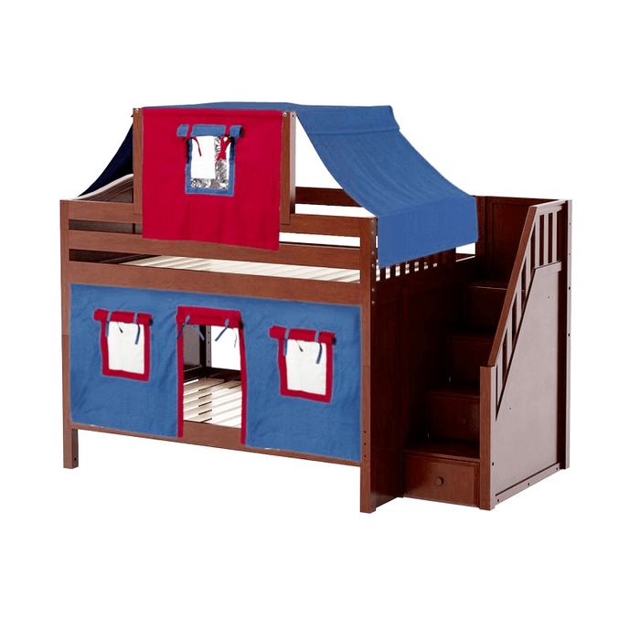 Maxtrix Full Low Bunk Bed with Stairs, Curtain + Top Tent