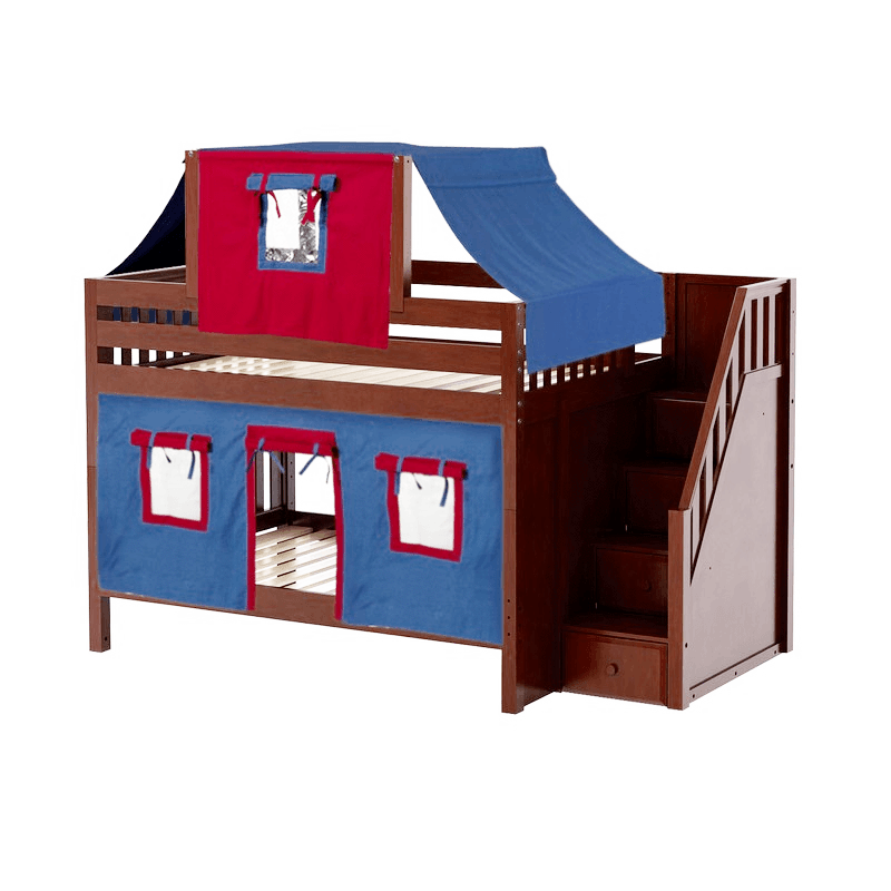 Maxtrix Full Low Bunk Bed with Stairs, Curtain + Top Tent