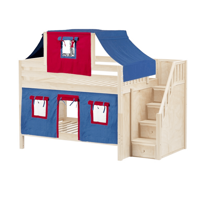 Maxtrix Full Low Bunk Bed with Stairs, Curtain + Top Tent