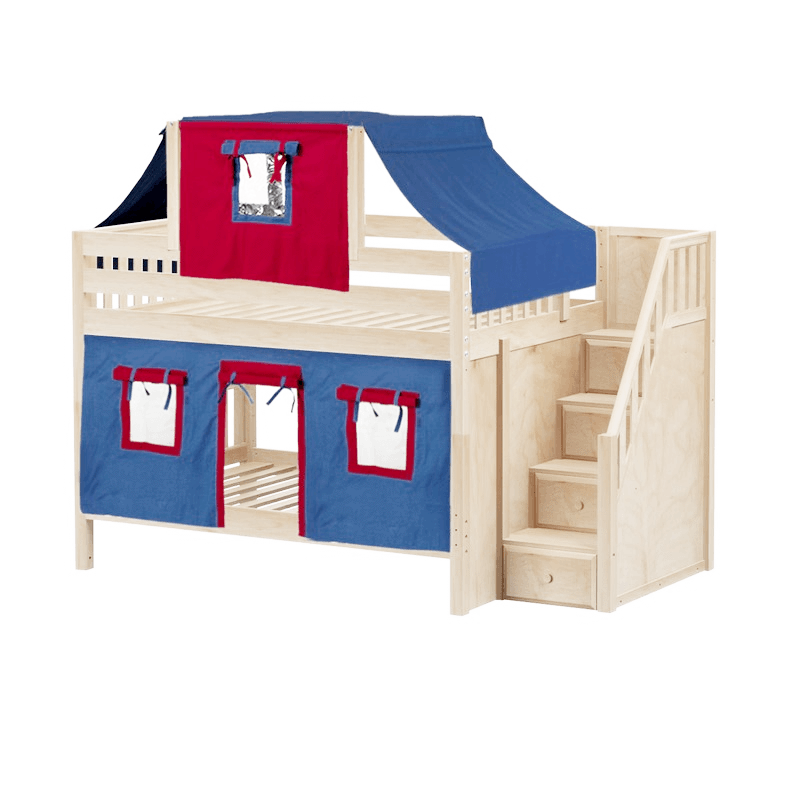 Maxtrix Full Low Bunk Bed with Stairs, Curtain + Top Tent