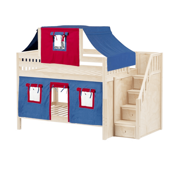 Maxtrix Full Low Bunk Bed with Stairs, Curtain + Top Tent
