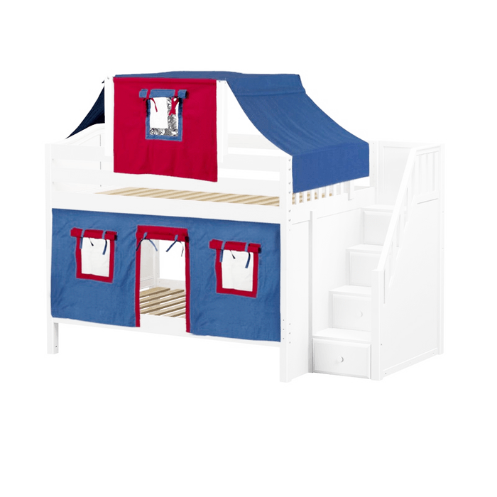 Maxtrix Full Low Bunk Bed with Stairs, Curtain + Top Tent