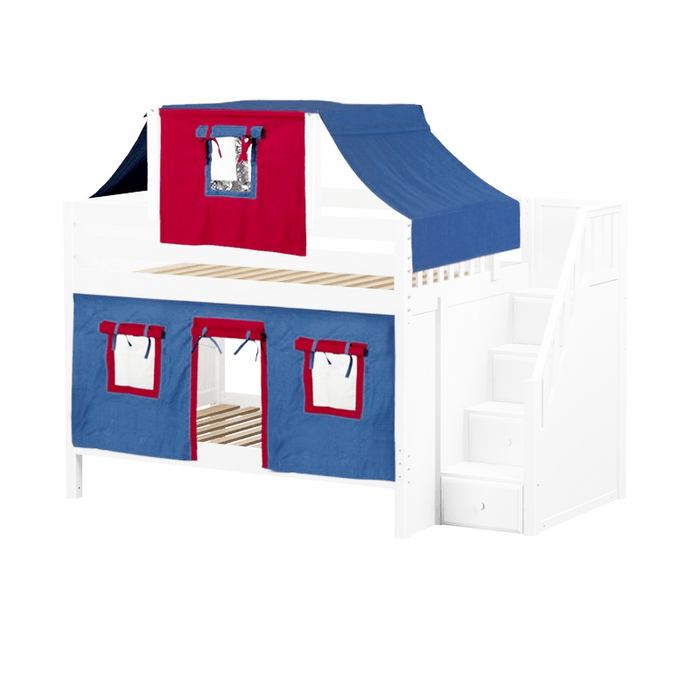 Maxtrix Full Low Bunk Bed with Stairs, Curtain + Top Tent