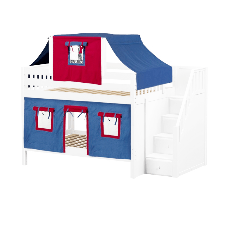 Maxtrix Full Low Bunk Bed with Stairs, Curtain + Top Tent
