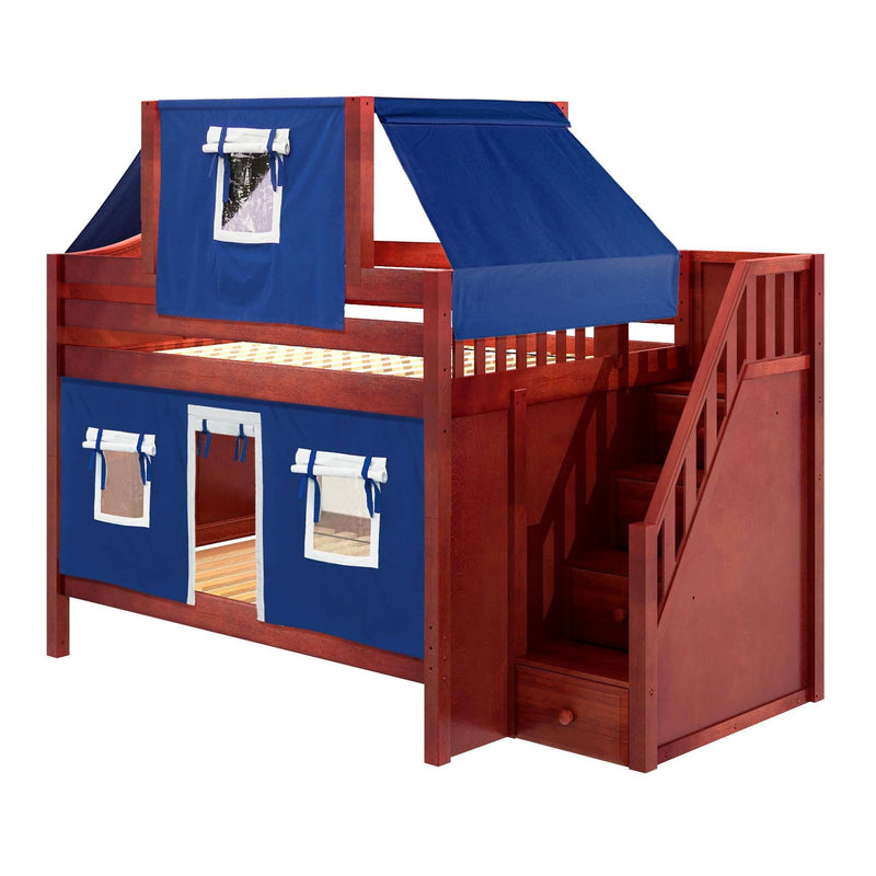 Maxtrix Full Low Bunk Bed with Stairs, Curtain + Top Tent