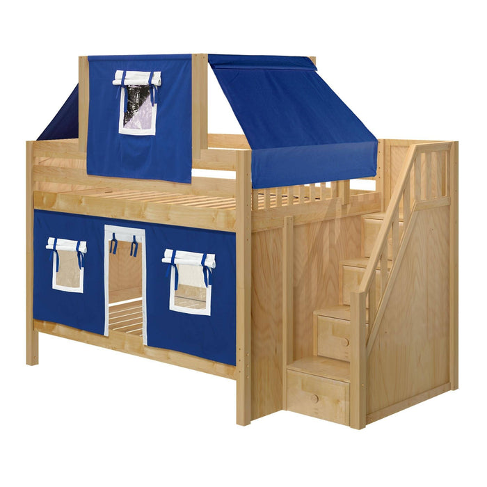 Maxtrix Full Low Bunk Bed with Stairs, Curtain + Top Tent