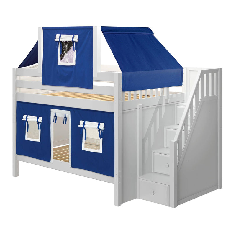 Maxtrix Full Low Bunk Bed with Stairs, Curtain + Top Tent