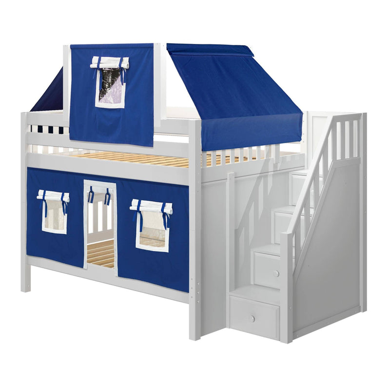 Maxtrix Full Low Bunk Bed with Stairs, Curtain + Top Tent